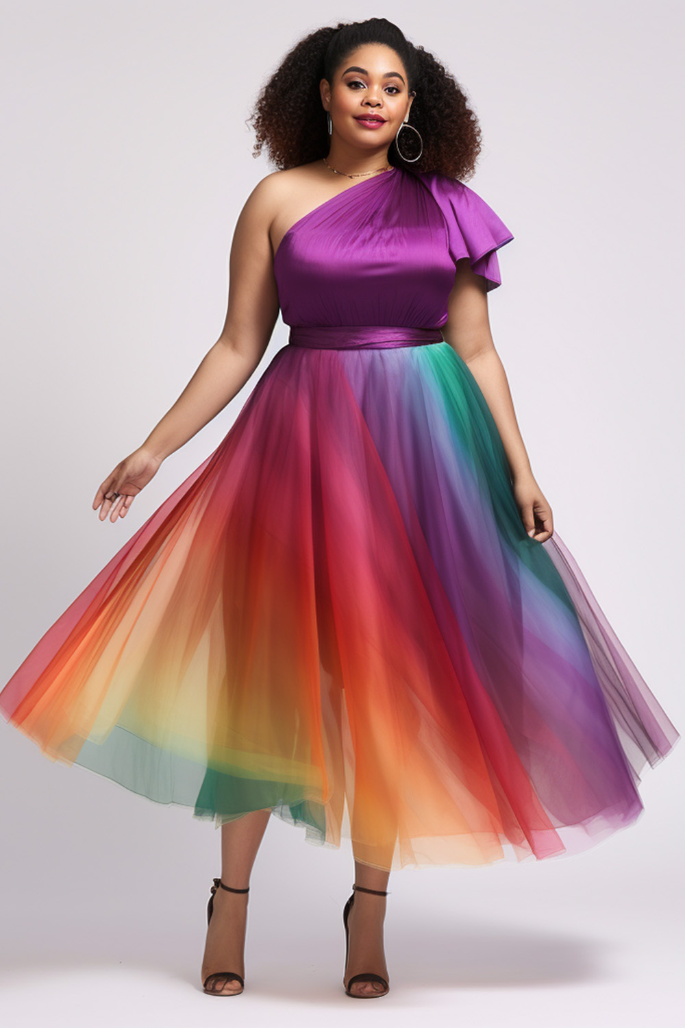 Design Plus Size Party Elegant Multicolor Rainbow One Shoulder Contrast Tulle Midi Dresses [Pre-Order]