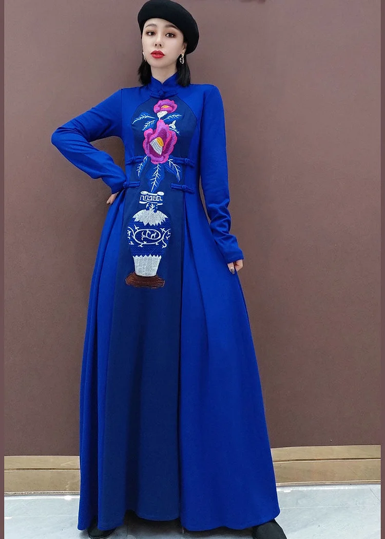 5.5vintage Blue Stand Collar Embroideried long Dresses