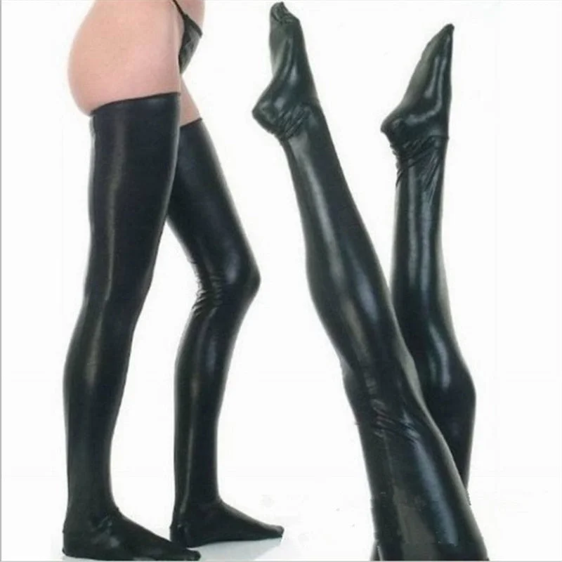 Womens Ladies Sexy PU Leather Lace Over Knee Long Thigh High Wet Look Stockings