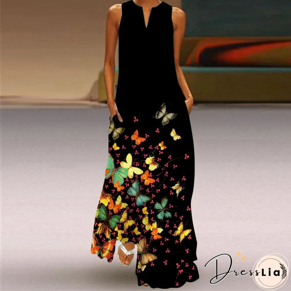New Fashion Print Summer Dress Casual Sexy Boho Beach Women Party V-neck Sleeveless Pocket