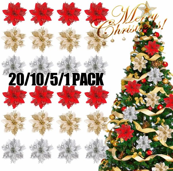 Pack of 20/10/5/1 Glitter Artificial Poinsettia Flowers Christmas Wreath Christmas Tree Flowers Ornaments 5.11in(13cm) Diameter - Shop Trendy Women's Fashion | TeeYours