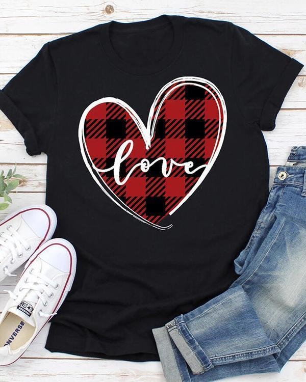 Valentine Love Heart Plaid Printed Splicing T-Shirt Tee