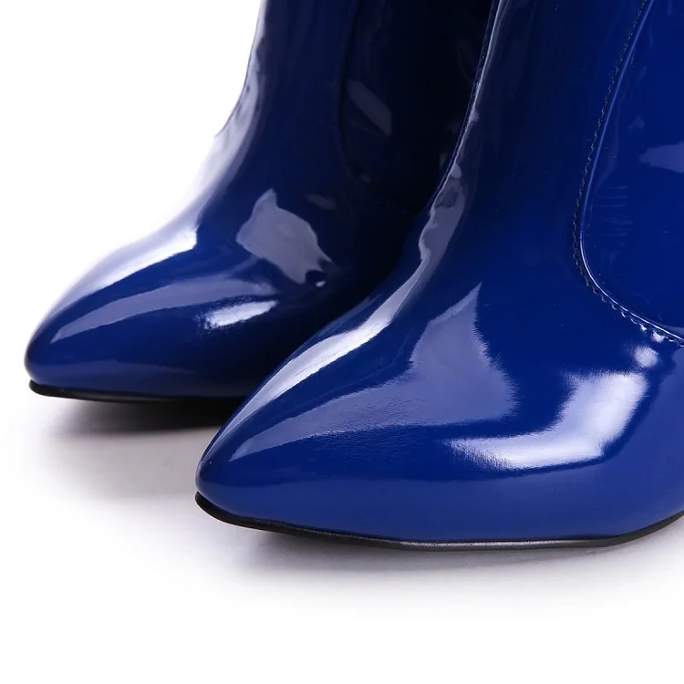  FSJ Women Patent Leather PU Pointed Toe Knee High Booties  Winter Waterproof Slim High Heel Mid-Calf Boots Side Zipper Trendy Boots  Size