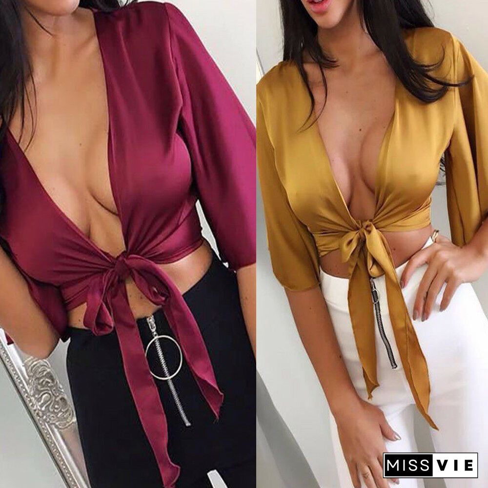 Womens Floral Ladies V Neck Tie Knot Front Flared Sleeve Plunge Neck Crop Top