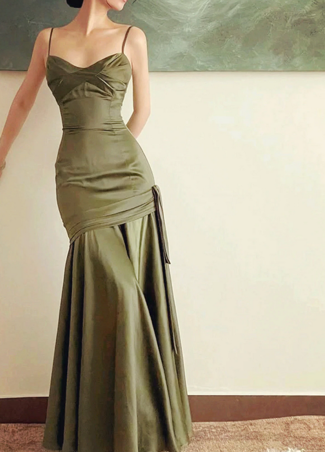 green mermaid long slim prom dresses,fishtail green prom dresses with pleats