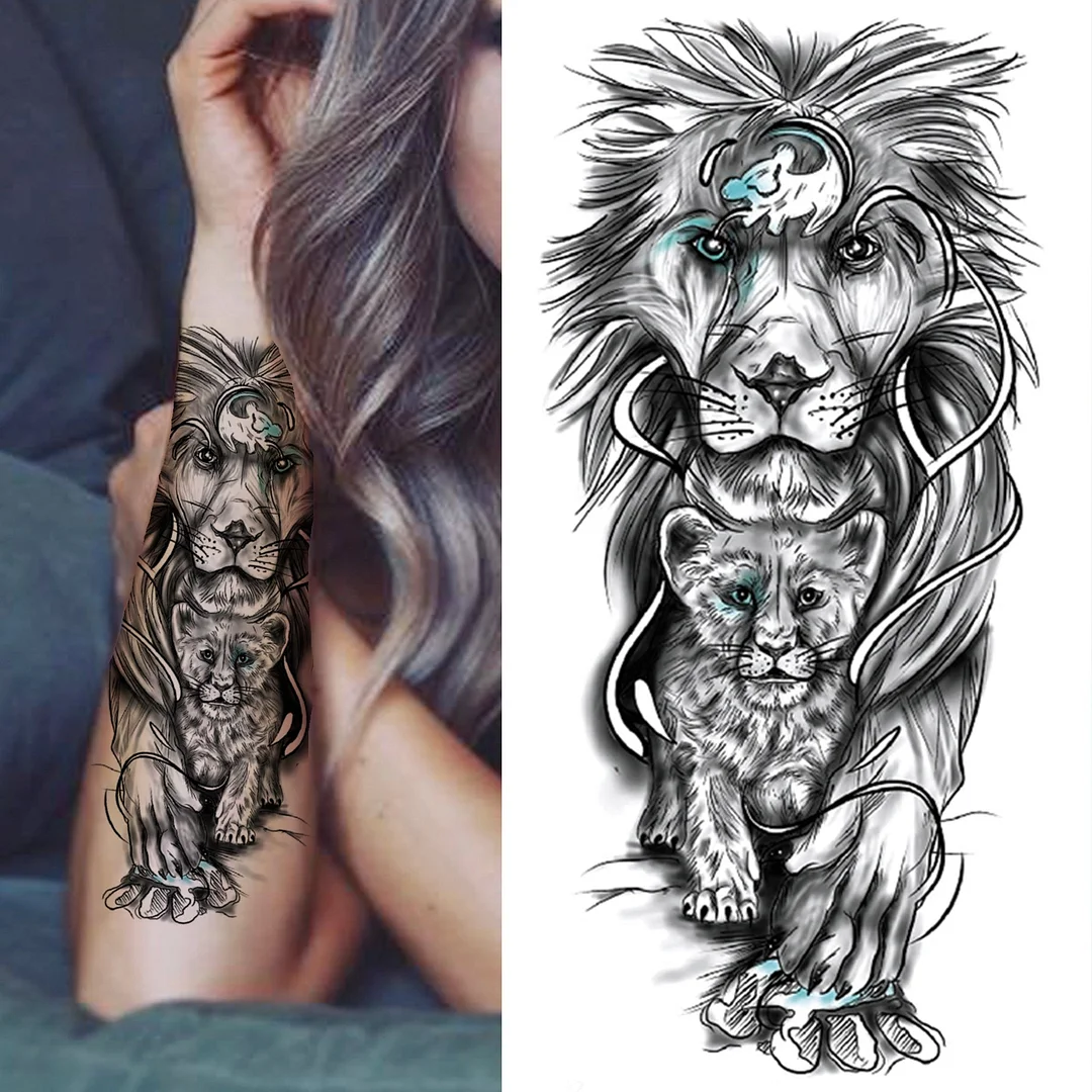 Forest Tiger Temporary Tattoos For Men Women Kids Lion Skull Cross Tattoo Sticker Black Compass Skeleton Tatoos Leg Thigh 712-1