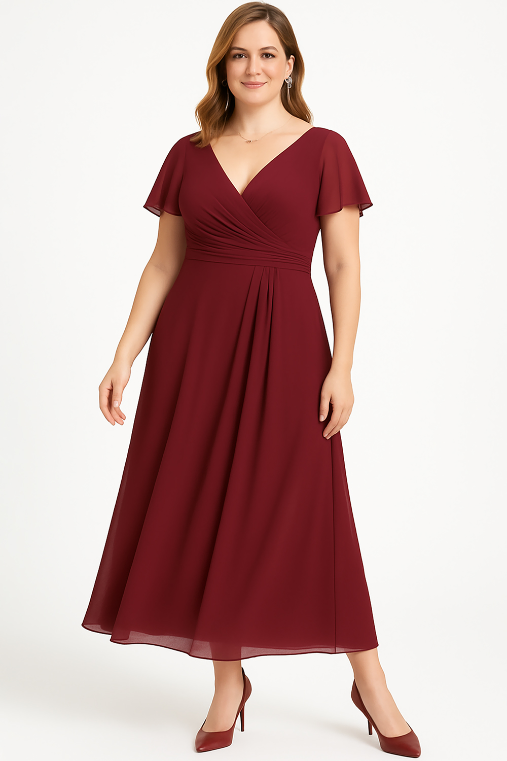 Flycurvy Plus Size Mother Of The Bride Burgundy Chiffon Wrap Flutter Sleeve Midi Dress 2024 - Flycurvy 