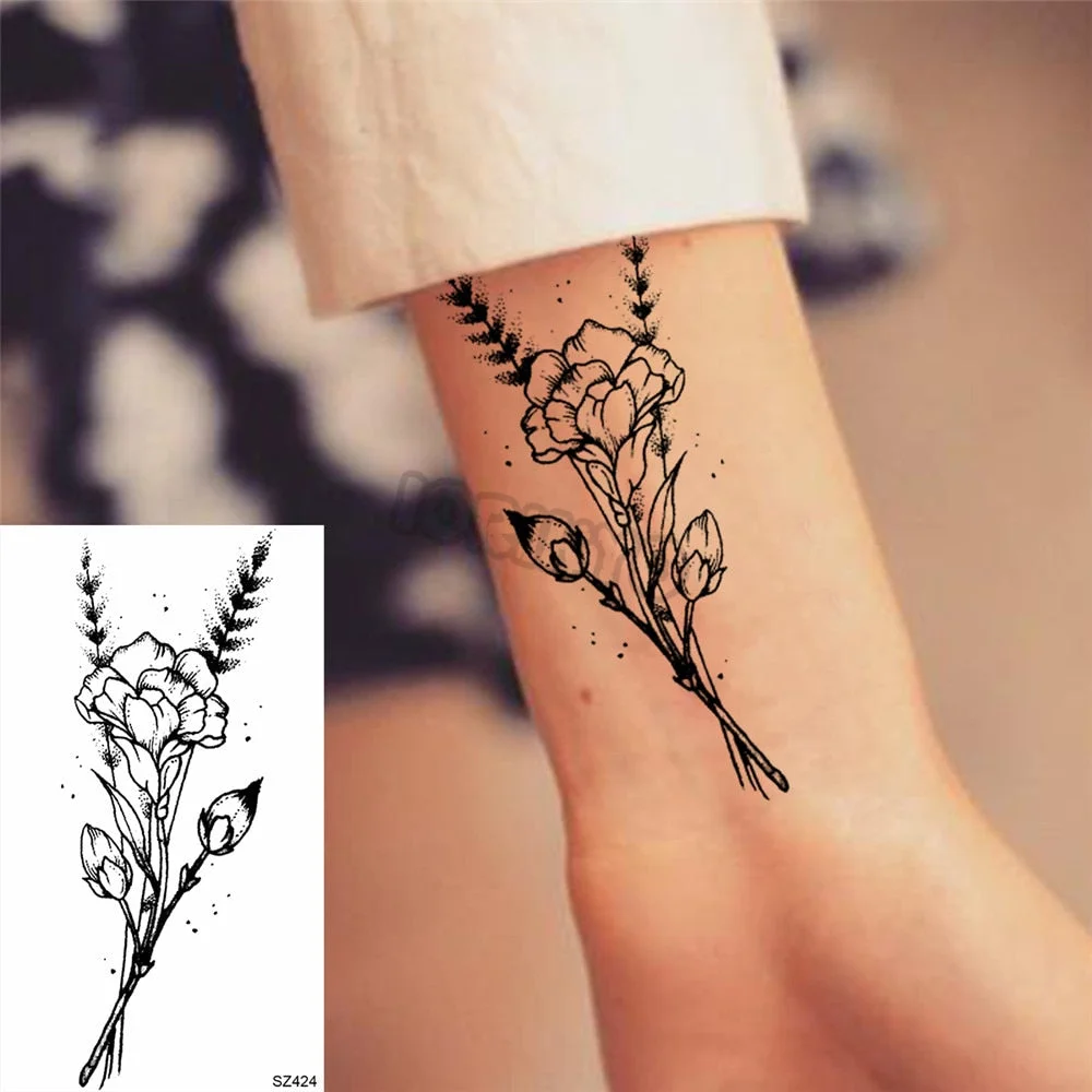 Black Pencil Sketch Henna Lotus Temporary Tattoos For Women Girls Realistic Planet Dandelion Fake Tattoo Sticker Back Arm Tatoos