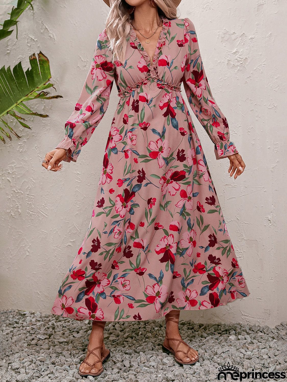 Floral Frill Trim V-Neck Maxi Dress