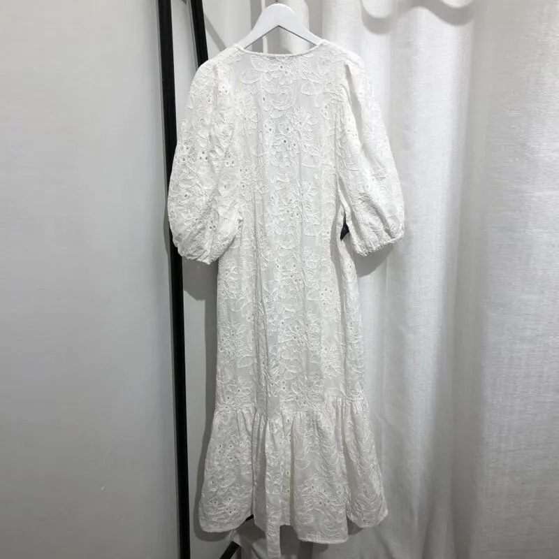 2021 Spring Summer Women White Sexy V-Neck Hollow Party Dress Casual Solid Embroidery Loose Midi Dresses Ladies Vestidos