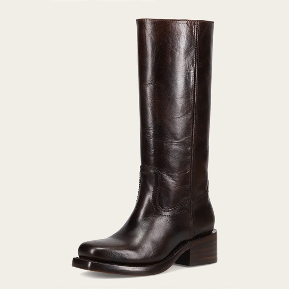 Brown Vegan Leather Pull-On Square Toe Mid Calf Boots with Block Heel Nicepairs
