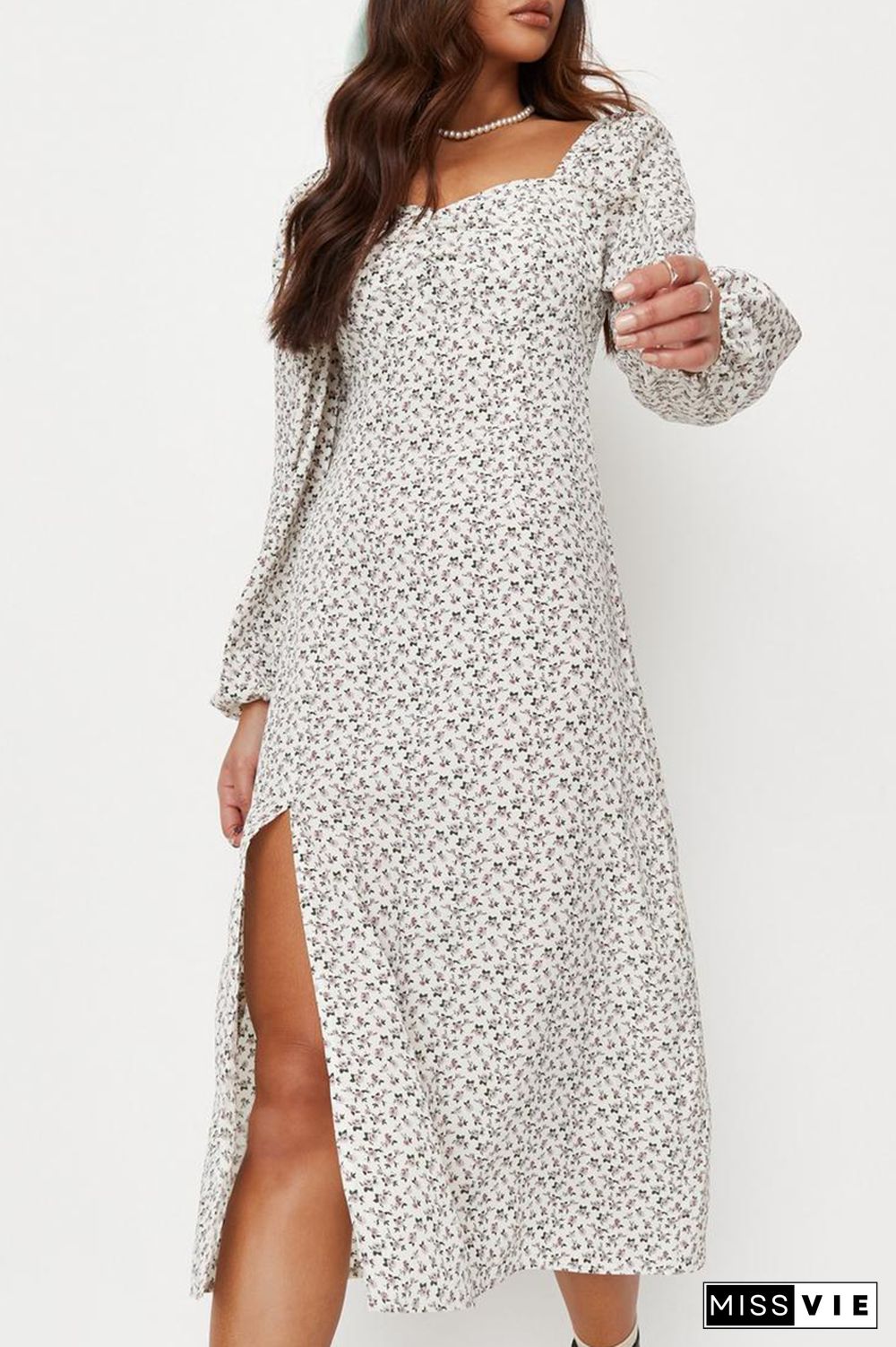 Fashion Elegant Print Slit Square Collar A Line Dresses