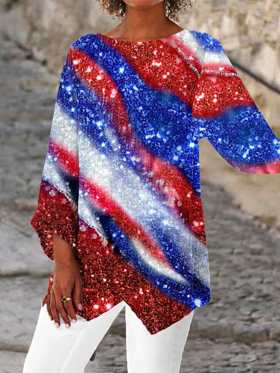 Women Asymmetrical 3/4 Sleeve Scoop Neck Gradient Printed Top