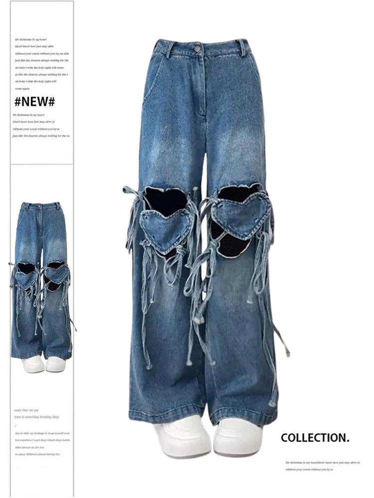 Aiertu Women's Y2k Jeans Harajuku 90s Aesthetic Baggy Bandage Denim Trousers Korean Heart Hollow Out Jean Pants Vintage 2000s Clothes Aiertu