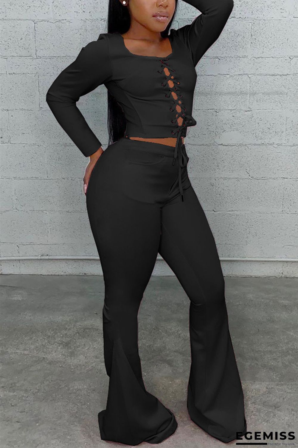 Black Fashion Adult Living Solid Hollowed Out Square Collar Long Sleeve Regular Sleeve Regular Two Pieces | EGEMISS