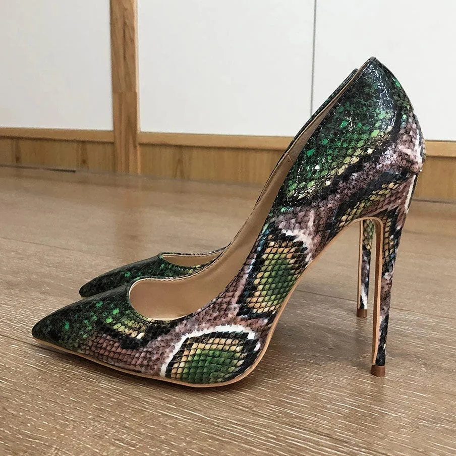 LOURDASPREC Green Snake-effect Embossed Women Sexy Stilettos High Heels Ultra High Pointed Toe Pumps Ladies Slip On Party Shoes