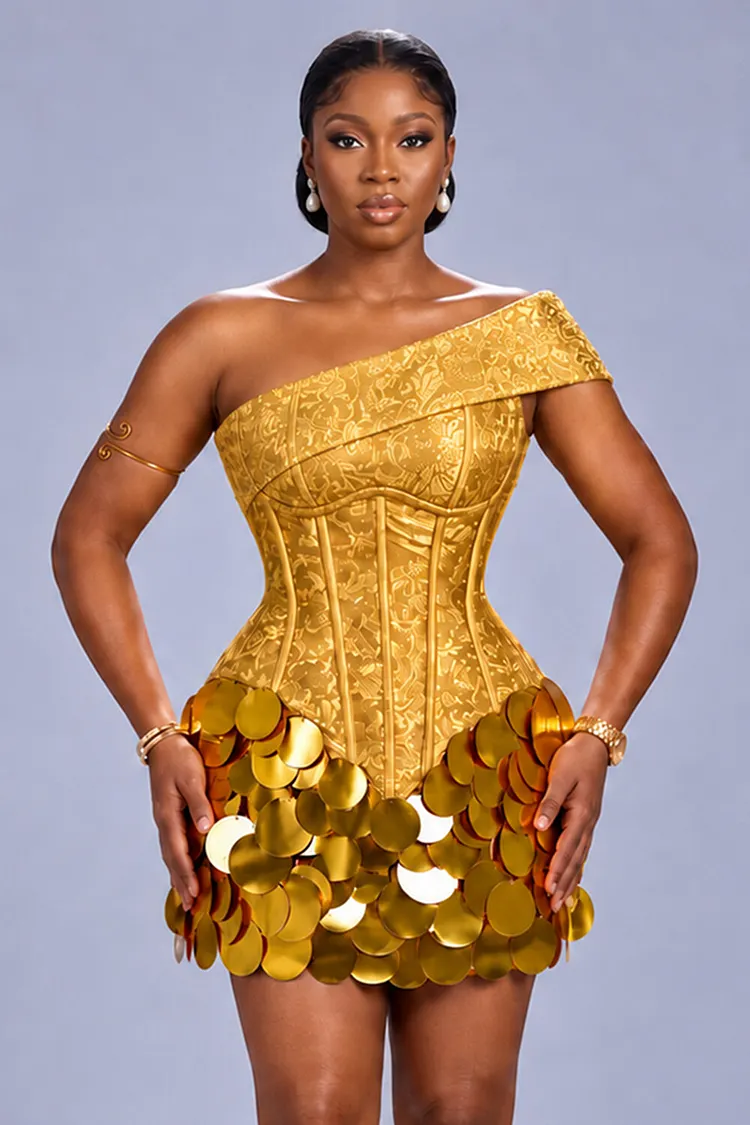 One Shoulder Jacquard Corset Sequin Bodycon Mini Dresses-Gold [Pre Order]