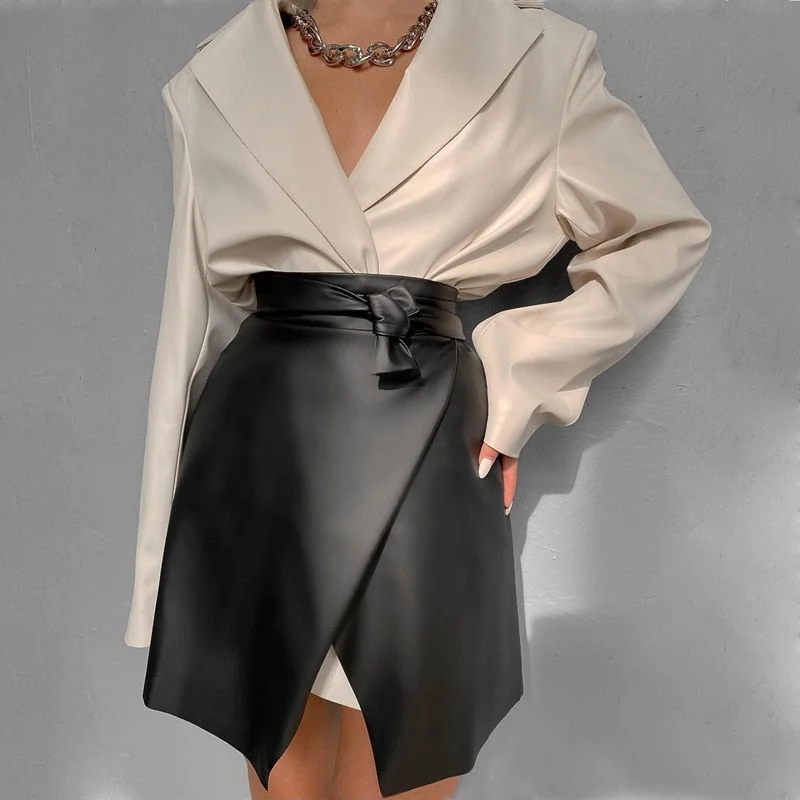 Ardm Woman Skirts Fashion A-Line PU Hight Waist Elastic With Belt Mini Skirt Vintage Faldas Ladies Office Black Jupe Femme
