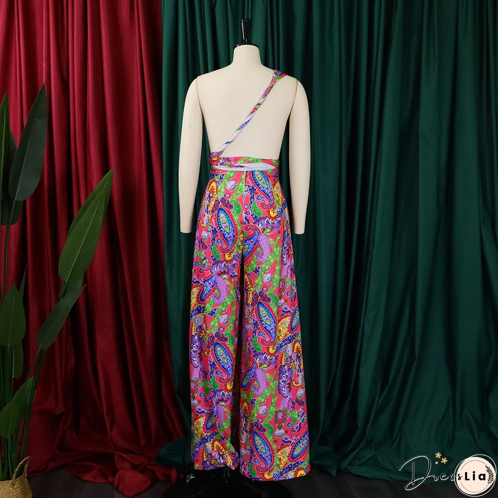 Plus Size Women African Print Halter Neck Beach Jumpsuit