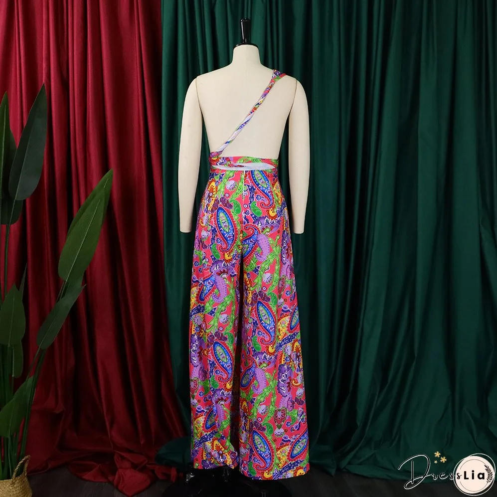Plus Size Women African Print Halter Neck Beach Jumpsuit