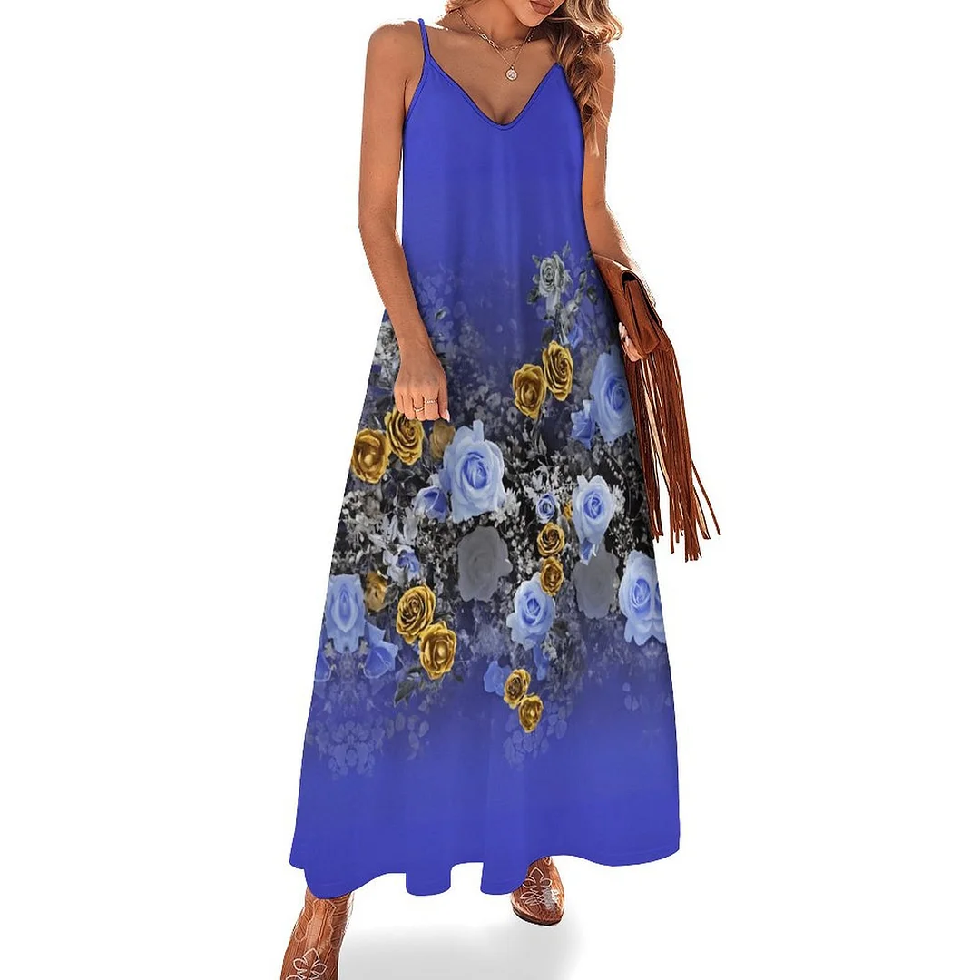 Style & Comfort for Mature Women Plus Size Printed Sling Casual Women Maxi Dress in Pattern Floral, Blue