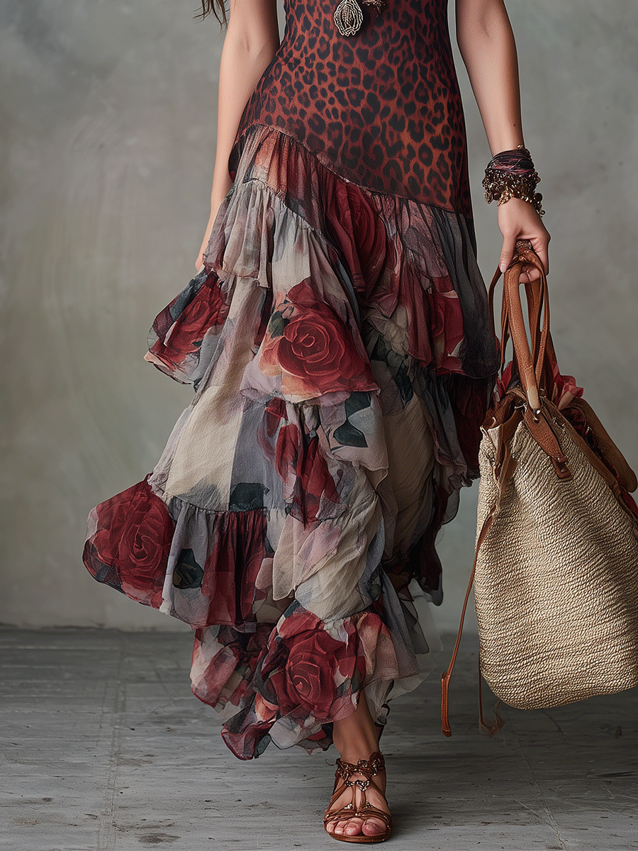 Wild Romance Leopard & Rose Layered Boho Maxi Dress detail