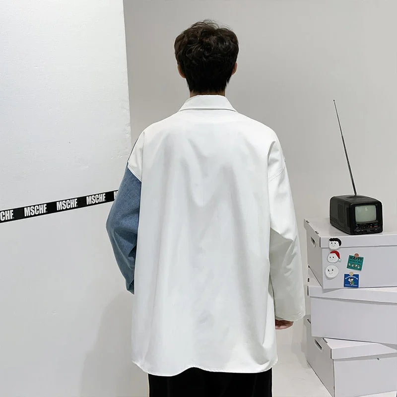 Woherb New Style Men's Shirts Fashion Spliced Jeans Cotton White Blue Oversized Shacket Hip Hop Streetwear Loose Overshirt Big Size Top