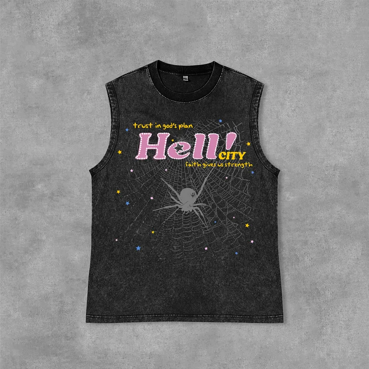 Spider Web Print Graphics Acid Washed Sleeveless Tank Top SOPULA