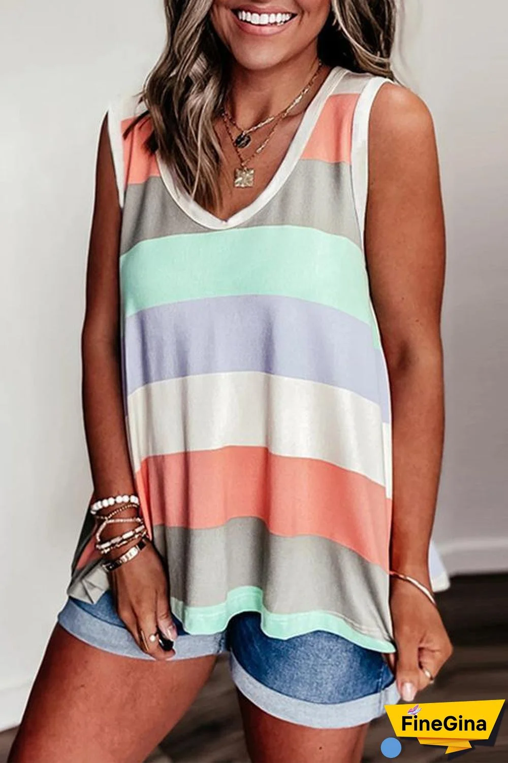 Rainbow Stripe Contrast Sleeveless Top