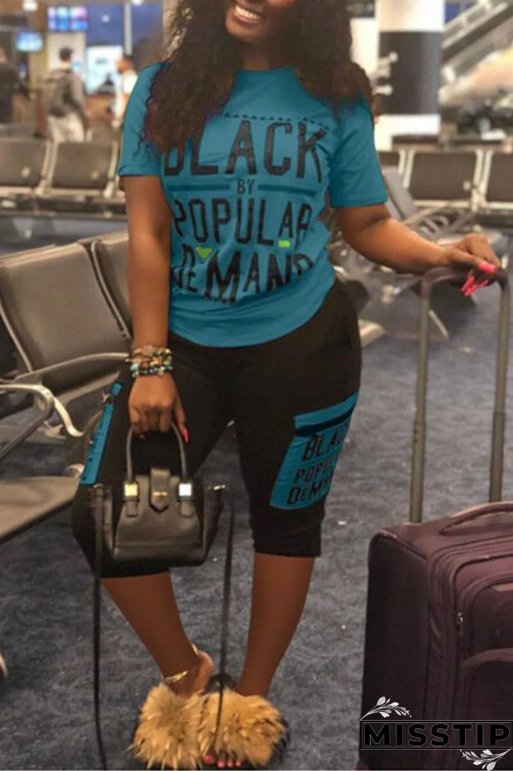Blue Fashion Casual Letter Print T-shirt Set