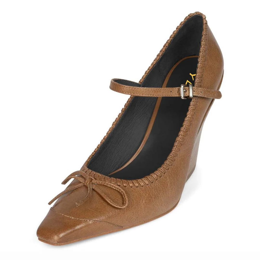 Tan Vegan Leather Square Toe Buckle Strap Mary Jane Heels with Bow