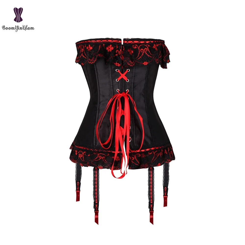 Black Reverse Red Sexy Lingerie Underwear Floral Lace Up Boned Tassel Corset Bustier Suspenders With G String Size S-6XL 8069#