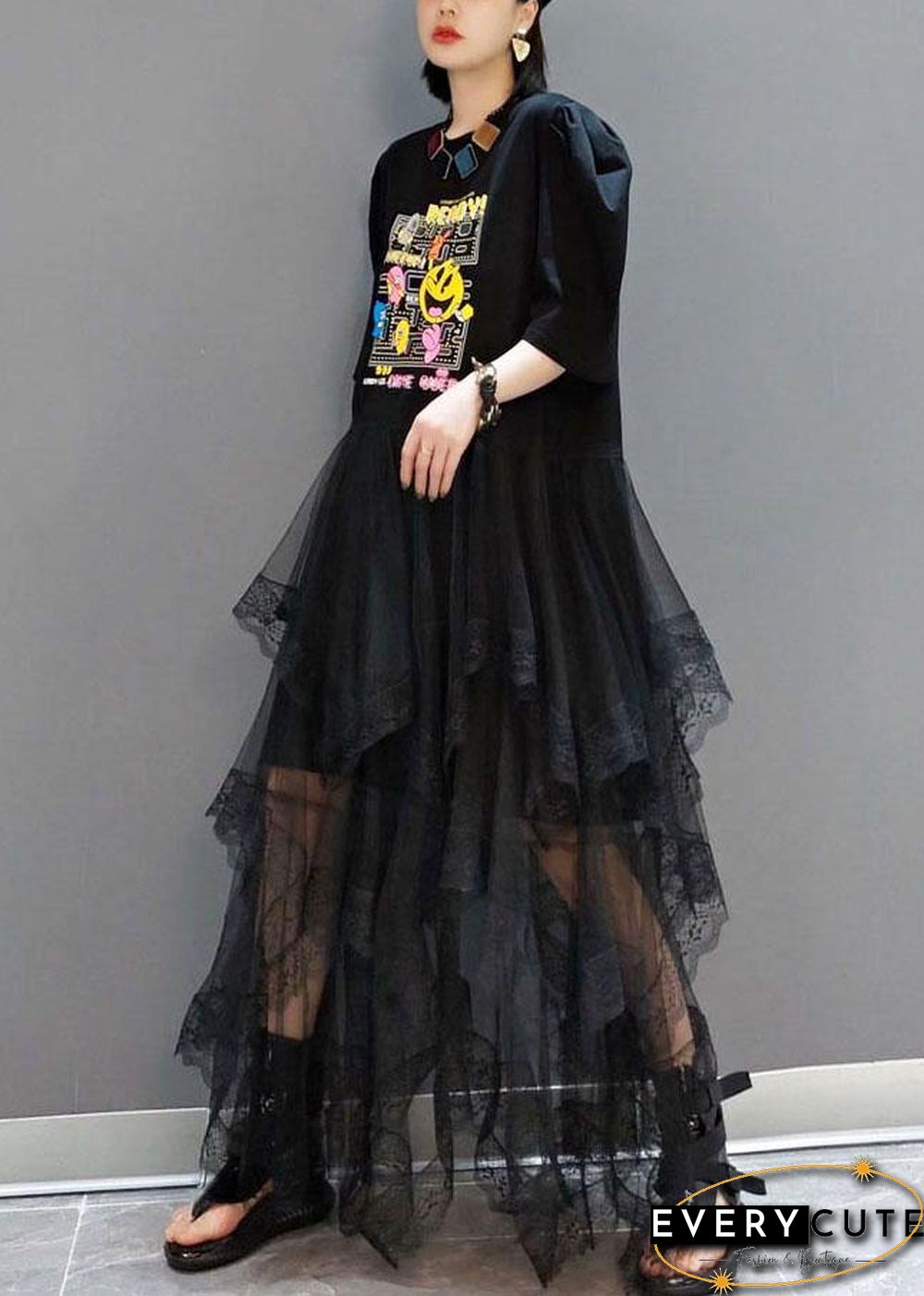 Plus Size Black O-Neck Print Half Sleeve Fall Dresses