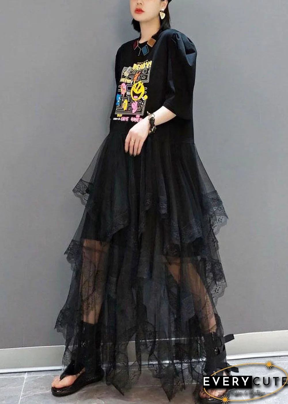 Plus Size Black O-Neck Print Half Sleeve Fall Dresses