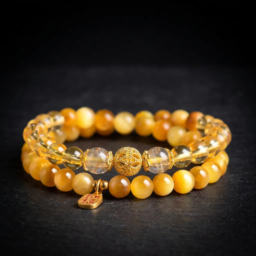 JiStones Golden Radiance | Natural Tiger Eye & Rutilated Quartz Layered Bracelet Golden Prosperity - Double Layered Tiger Eye