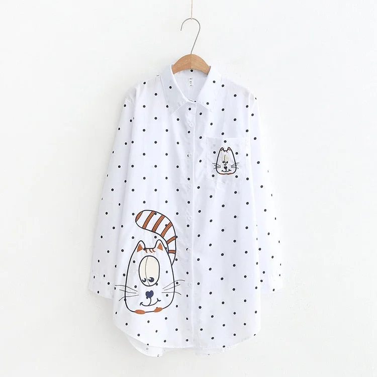 New Arrival Big Face Cat Embroidery Long White Blouse Casual Striped Dot Cotton Shirt Loose Plus Size Top Feminina Blusa T94906F