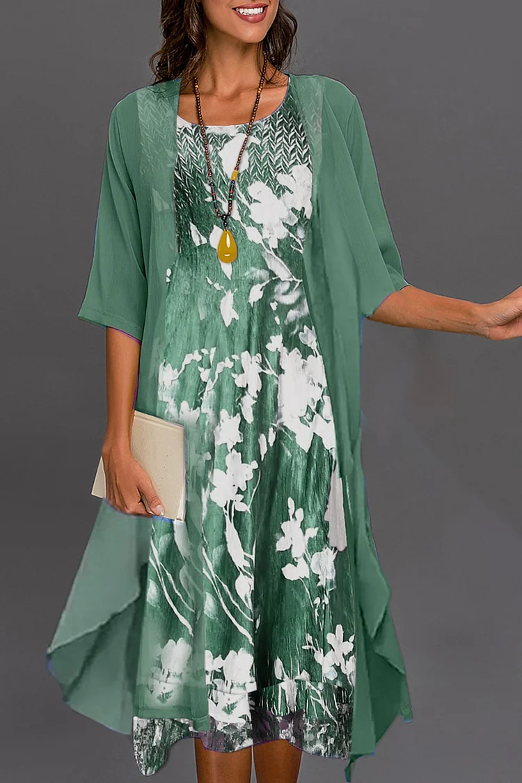 Flycurvy Plus Size Formal Green Chiffon Floral Print Asymmetrical Jacket Two Pieces Midi Dress  Flycurvy [product_label]