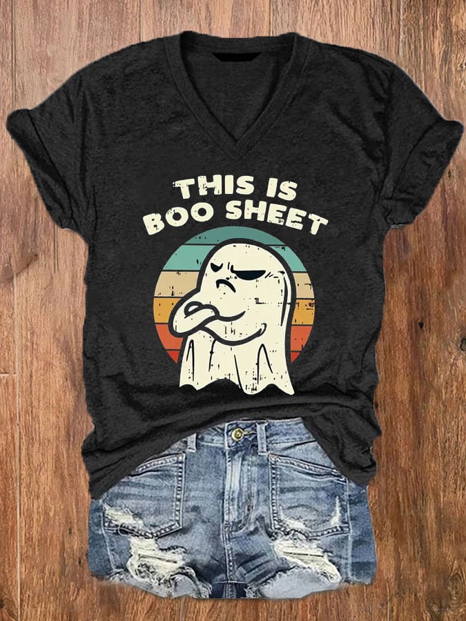 Women's This Is Boo Sheet Funny Halloween Ghost V-Neck Tee