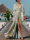 Deep V-Neck Long Sleeve Drawstring Split-Front Loose Maxi Dress