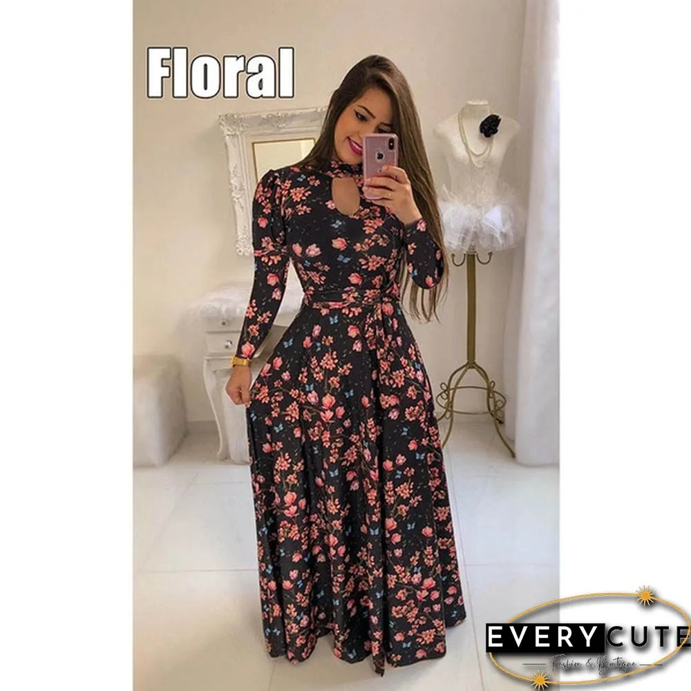 Women Fashion Long Sleeve Dress Maxi Dresses High Waist Flower Dress Party Dress