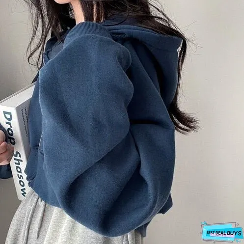 Autumn New Long Sleeve Hooded Hoodies Women Solid Color Kroean Style Vintage Sweatshirt