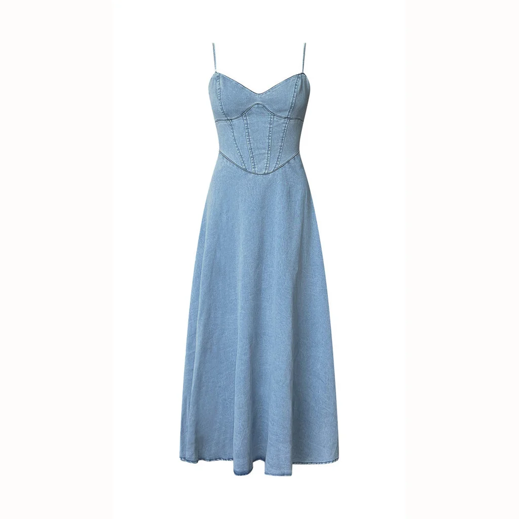 Women's V-neck Suspender Sexy Waist Elastic Denim Long Dress