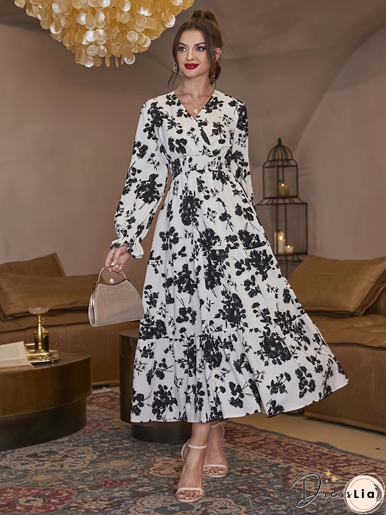 Floral Print Lantern Sleeve Dress, Casual V Neck Cinched Waist Dress For Spring & Fall, Women's Clothing