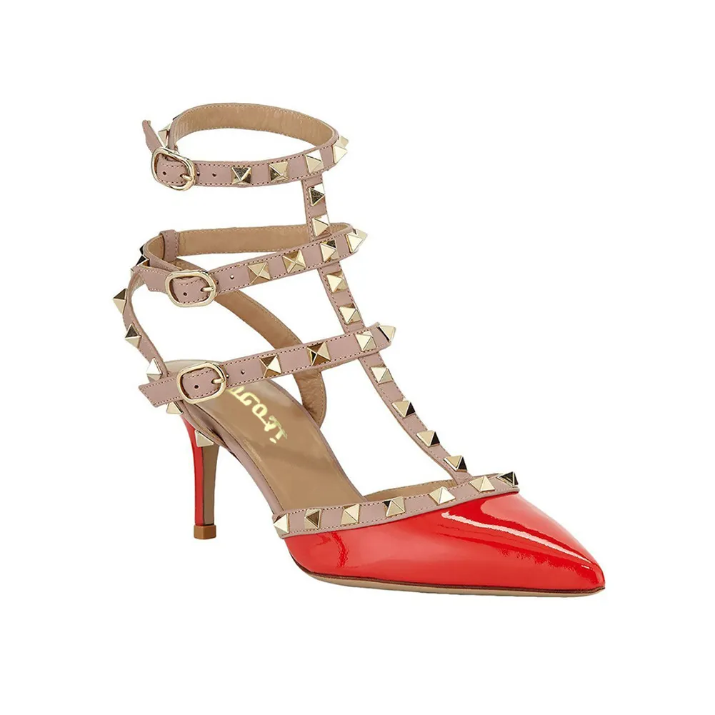 65mm Women's Low Heels Rivets Orange Sandals-vocosishoes
