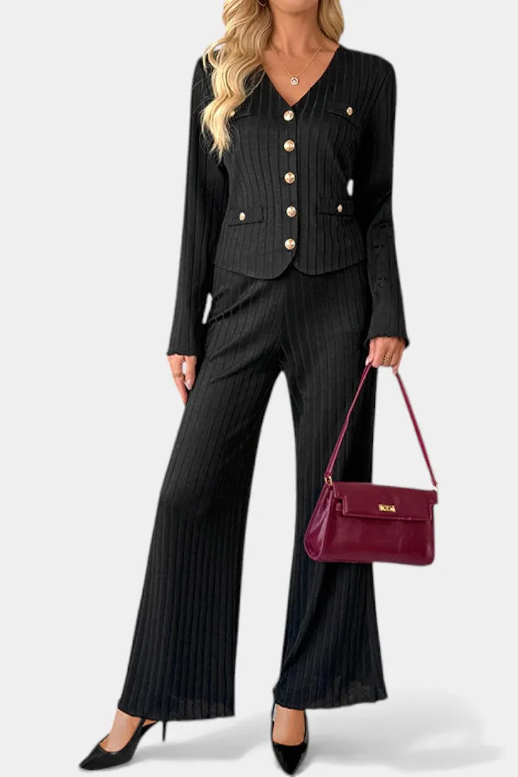 Structured Pinstripe Blazer & Wide-Leg Trousers Set