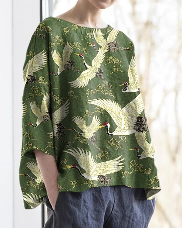 Japanese Crane Print Round Neck Cotton and Linen Loose Top