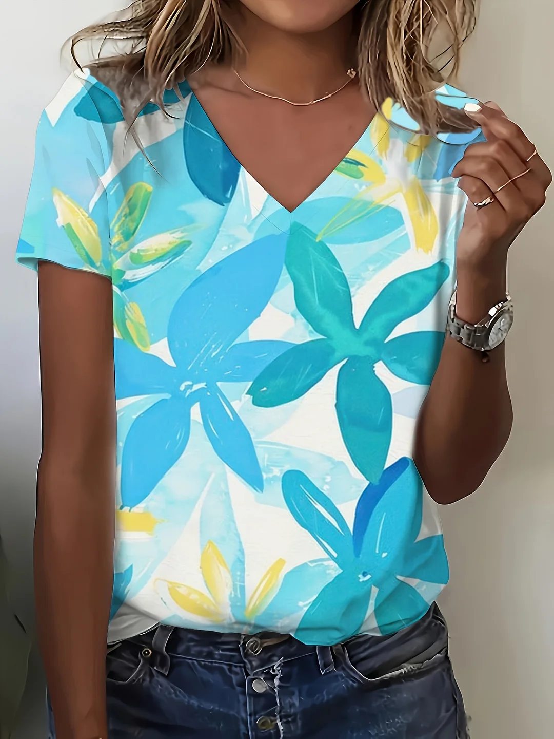 Women's Elegant Turquoise Blue Floral T-Shirt - Soft Stretch Breathable Everyday Top For Casual, Formal & Outdoor Events - Non-See-Through All-Season Blouse, Ladies Tshirts, Comfortable Fit Shirt | IFYHOME