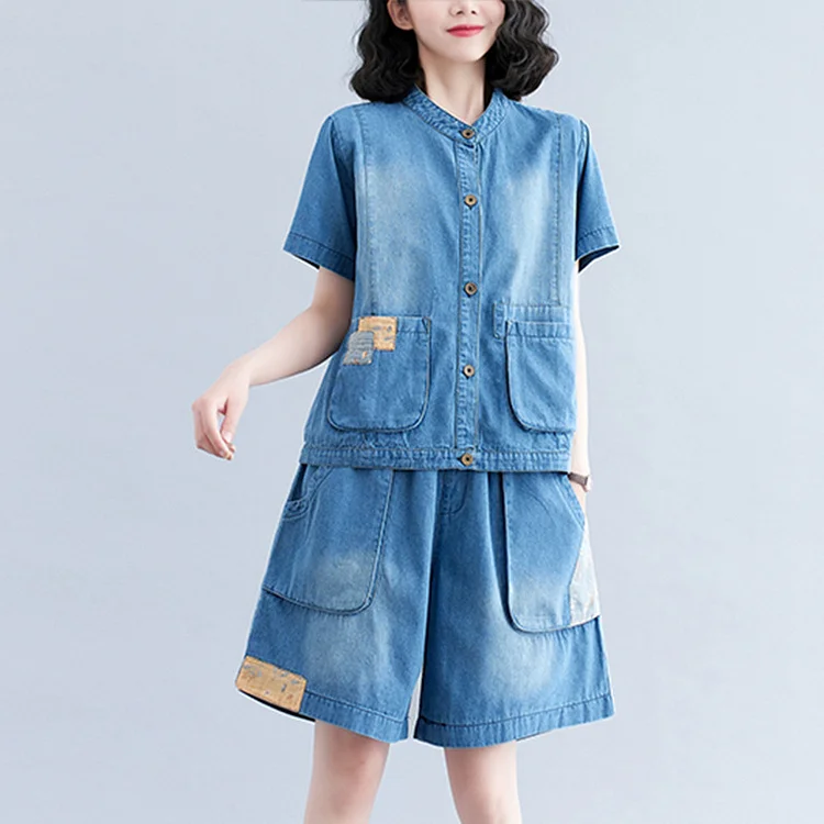Urban Style Denim Short Sleeve Top and Wide Leg Shorts Suits