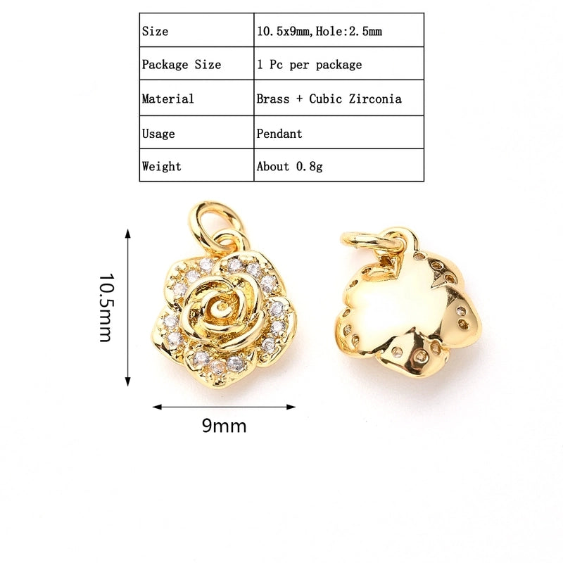 1Pc/Package 10.5x9mm Hole 2~2.9mm Copper Zircon Rose Gold Plated White Gold Plated Gold Plated Rose Flower Polished Pendant