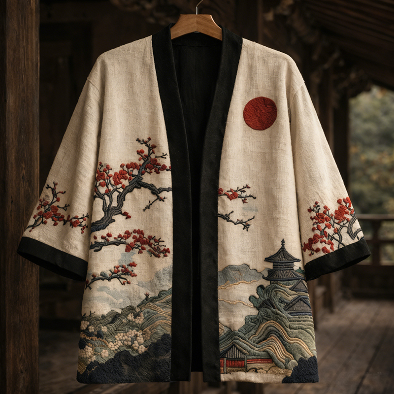 Japanese Cherry Blossom Landscape Art  Linen Blend Kimono Cardigan  artssus